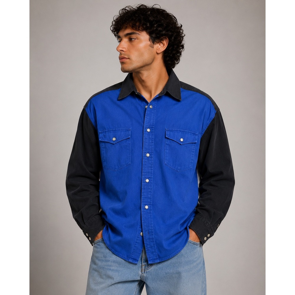 Panhandle Slim Mens Western Shirt Blue Black Color Block Snap Front Large 16.5